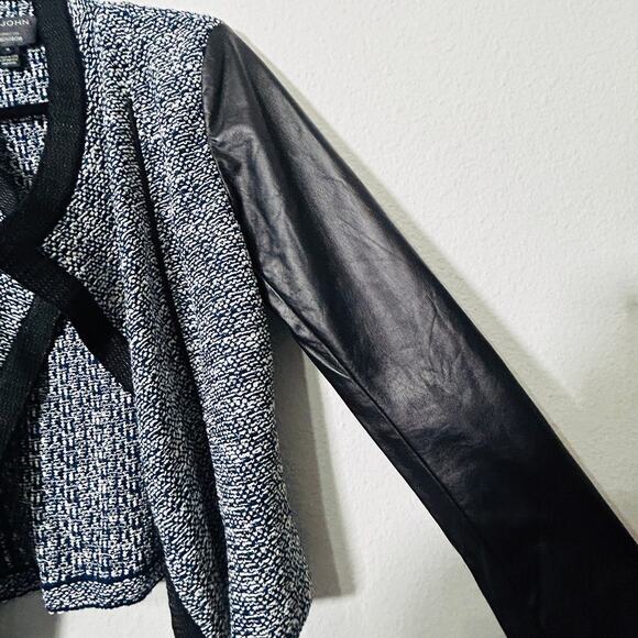 St. John Luxe Knit Jacket Black Leather Sleeves Quiet Luxury Old Money Size 10 - Picture 7 of 10